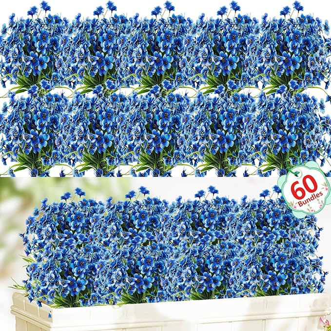 60 Pack Artificial Flowers for Outdoor Indoor Fake Plants, Faux Silk Flowers for Outdoors Outside Front Porch Hanging Planter Window Box Garden Spring Decoration(Blue)