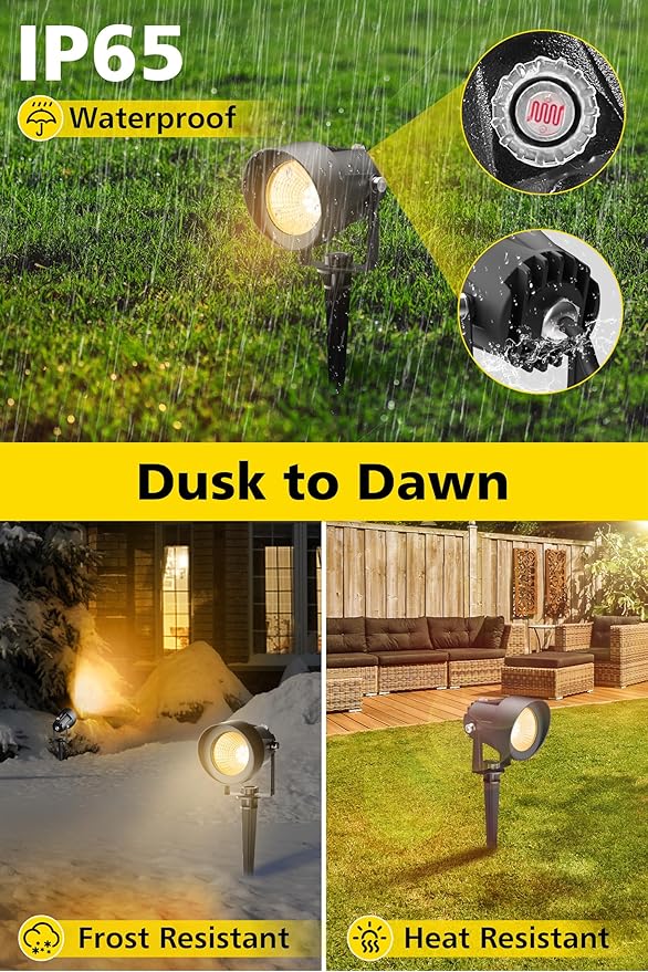 T-SUN Dusk to Dawn Outdoor Lighting, Flag Spot Lights with Photocell Auto On/Off, Waterproof 3000K Warm White LED Plug-in Landscape Spotlights for Garden Yard Tree Pathway Pole House