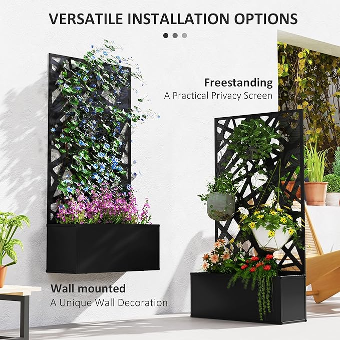 Outsunny Metal Raised Garden Bed with Trellis for Climbing Plants, Freestanding or Wall Mounted Flower Bed with Privacy Panel, Leaves Cut-Outs Outdoor Planter Box for Garden, Patio, Balcony