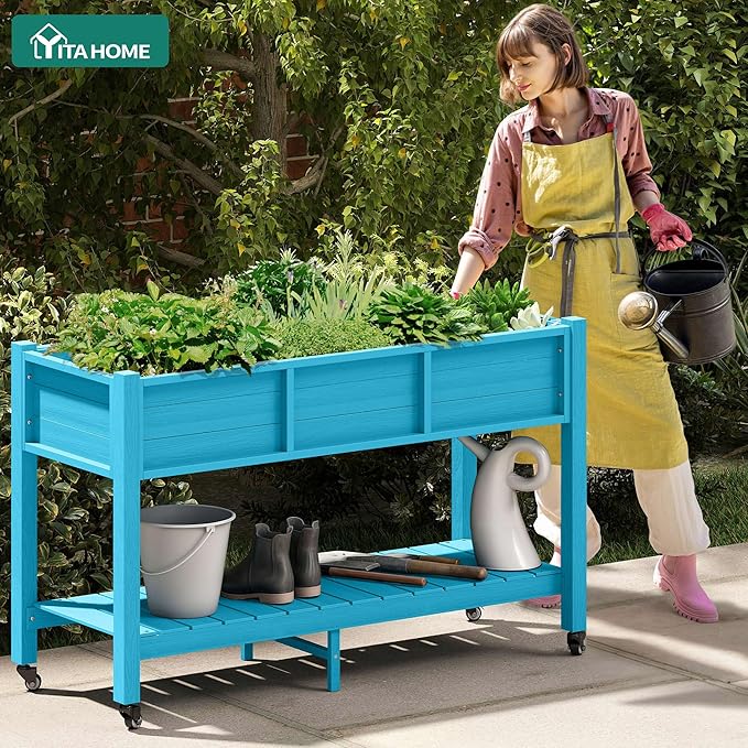 YITAHOME Raised Garden Bed HDPE, 47x18x31In Raised Flower Bed Poly-Wood Weather-Resistant Elevated Planter Box with Lockable Wheels & Storage Shelf for Vegetable Flower, Aruba Blue
