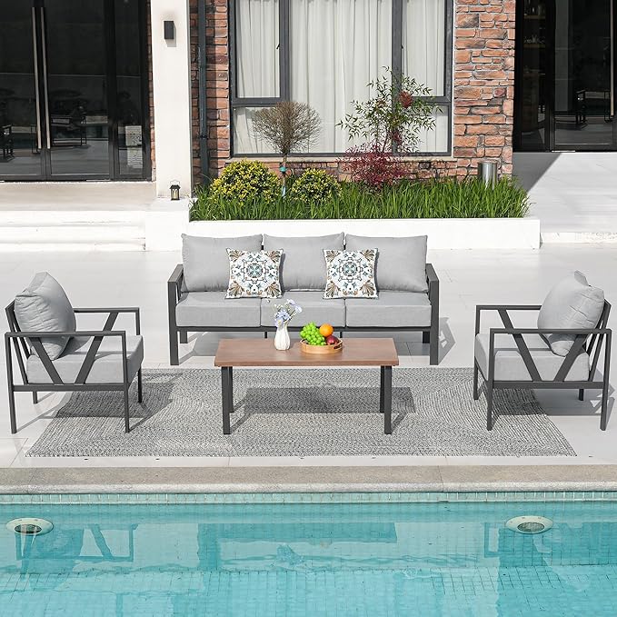 Outdoor Patio Furniture Set, 4 Pieces Metal Patio Furniture Set with Coffee Table, Modern Outdoor Patio Conversation Seating Set with 6” Thick Cushions, Light Grey