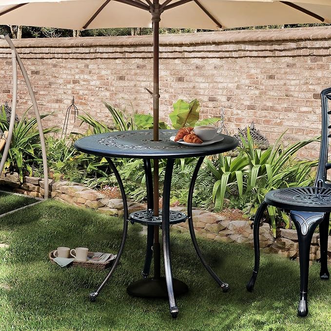 DWVO 25 Inches Round Patio Dining Table with Umbrella Hole, Antique Cast Aluminum Outdoor Bistro Table Outdoor Side Table for Backyard, Garden, Patio, Porch, Hammered Bronze
