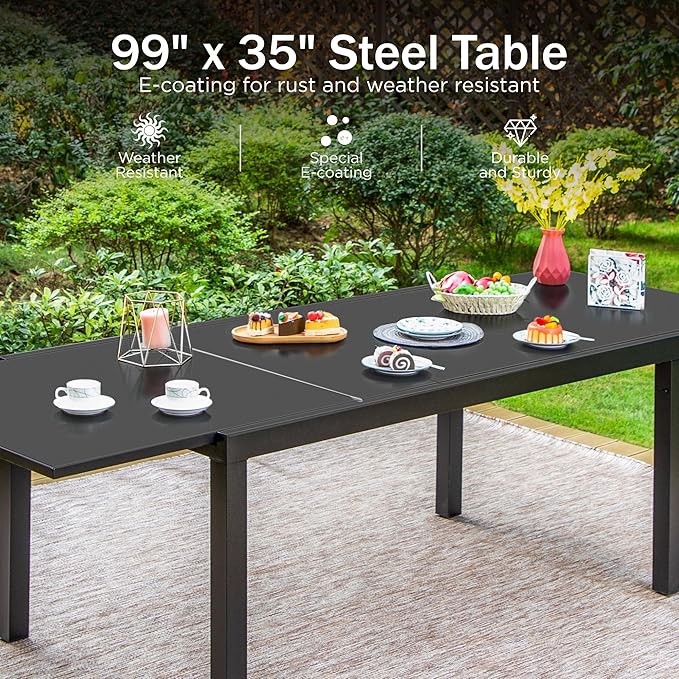 PHI VILLA Extra Large Expandable Patio Dining Table 99.2" × 35.5" Metal Outdoor Table for 6-10 Person, Metal Outdoor Dining Table with E-Coating for Garden Deck Yard- (Black)