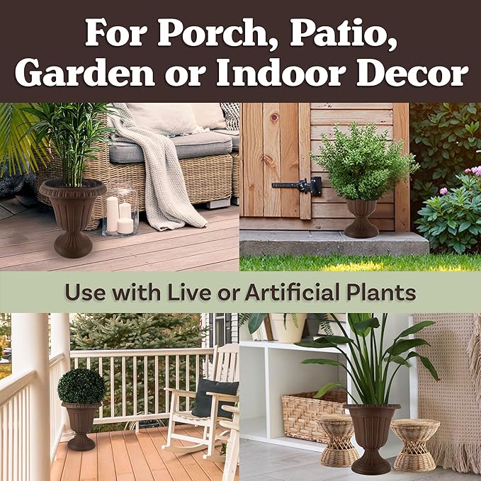 Outdoor Planter 2-Pack - 16x18-Inch Urn Planters - Plastic Plant Pots for Indoor, Outdoor, or Front Porch Decor - Flower Pots by Pure Garden (Brown)