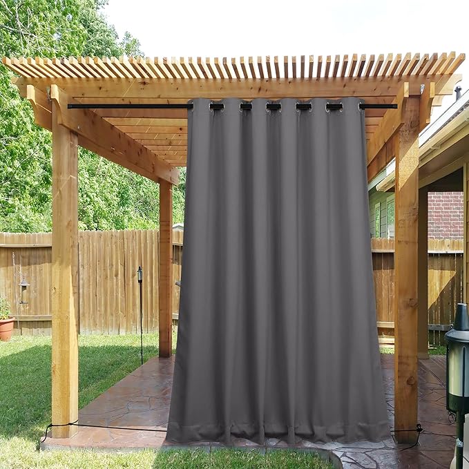 NICETOWN 2 Panels Outdoor Curtains for Patio Waterproof & Windproof, Grommet & Back Tab on Top & Bottom Weighted Drapes Keep Sun/Rain Out with Bouns Rope for Deck, Grey, W84 x L95