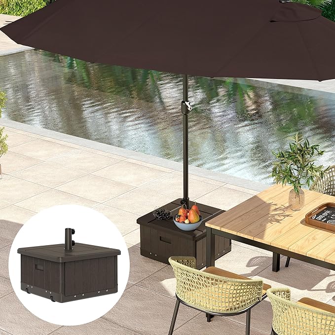 Outsunny 3-in-1 Outdoor Umbrella Base, Coffee End Table, Planter Box with Drain Hole, 175 lbs. Capacity Heavy Duty Fillable Patio Umbrella Stand Table with Wheels and Handles for Deck, Poolside, Brown