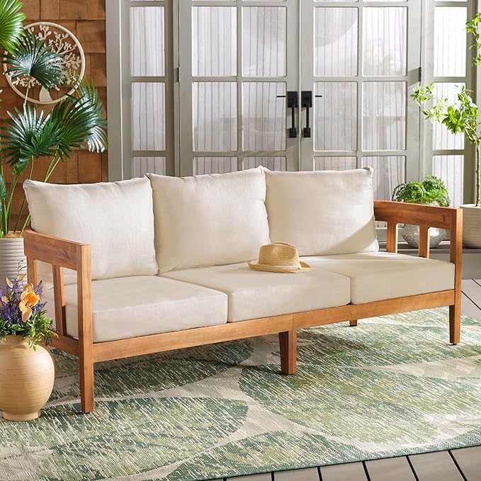 SAFAVIEH Outdoor Collection Owen Acacia Solid Wood Natural/Taupe Cushion 3-Seater Sofa