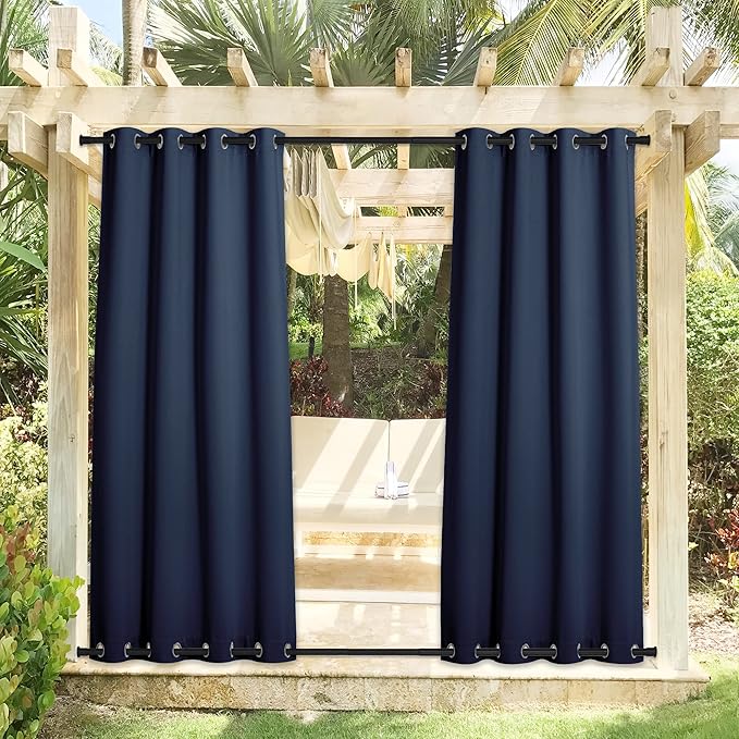 NICETOWN 2 Panels Outdoor Curtains for Patio Waterproof, Rustproof Top and Bottom Grommet Windproof Drapes Thermal Insulated Blackout Outdoor Blinds for Porch/Gazebo, W52 x L84, Navy Blue