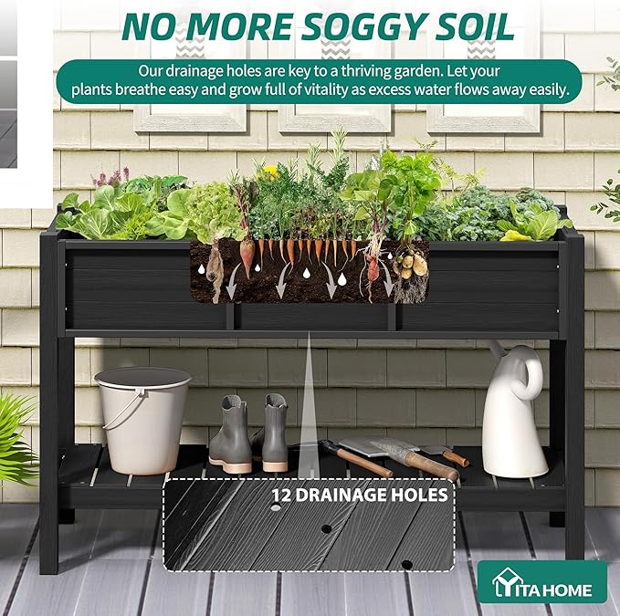 YITAHOME 48x18x30in Raised Garden Bed HDPE, Weather-Resistant Poly Lumber Planter Box with Legs & Storage Shelf, Elevated Garden Bed for Yard, Garden, Balcony - Black