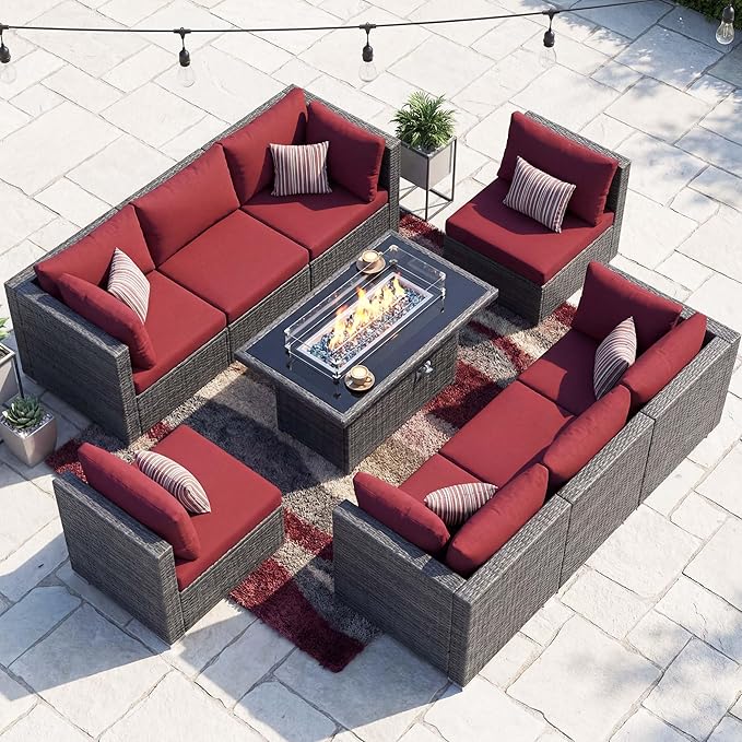 NICESOUL 9 Piece Large Patio Furniture Set with Fire Pit Table Propane/Natural Gas, 29.3'' High Back Wicker Outdoor Sectional Sofas, Wide Conversations for Heavy Weight, 2 Color Cushions Wine & Gray