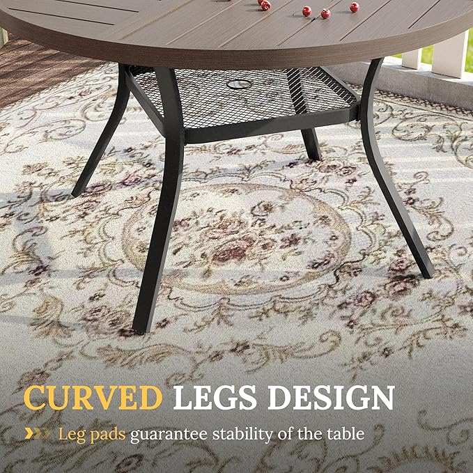 VICLLAX Round Patio Table with Adjustable Umbrella Hole for 6, All Weather Metal Outdoor Dining Table for Lawn Garden, 47.2" Outdoor Coffee Table, Grey Wood-Like Tabletop