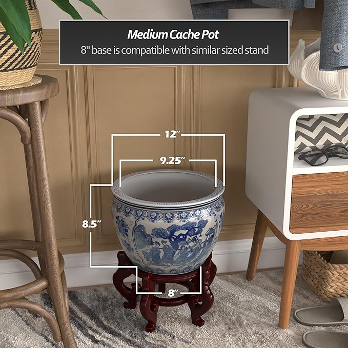 Red Lantern 12" Ladies Blue & White Porcelain Fishbowl Planter or Cachepot for Indoor/Outdoor Use in Garden Entryway Living Room Boho Eclectic Modern Contemporary Classic Traditional Style Decor