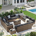 Aoxun Patio Furniture Sets, 15-Piece Outdoor Patio Furniture with 44'' Propane Gas Firepit Table, Wicker Outdoor Conversation Set Sectional Sofa for Backyard, Poolside, Garden