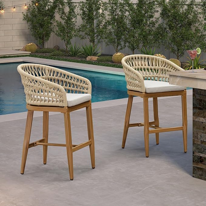 PURPLE LEAF Outdoor Rattan 24" Counter Height Bar Stools Chair Set of 2, Modern Upholstered Patio Bar Stool with Backrest for Indoor and Outdoor, Kitchen Island, Teak