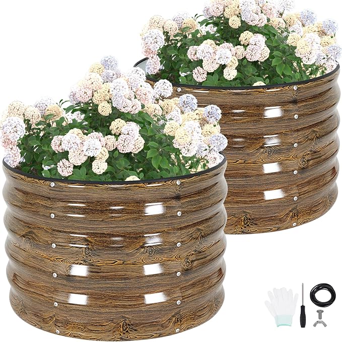 G GOOD GAIN Round Raised Garden Bed - 2x2x1.4ft Galvanized Steel Planter Boxes Outdoor with Rubber Edge Trim | Metal Raised Beds for Gardening Vegetables Flowers Fruits Herbs (Wood Grain)
