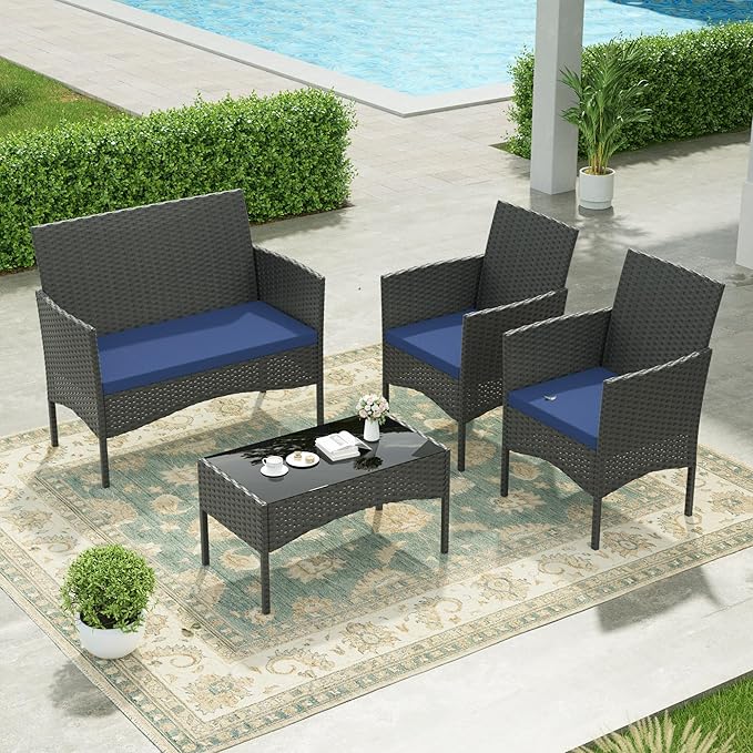 Kullavik 4 Pieces Outdoor Patio Furniture Set,PE Wicker Rattan Chairs Garden Conversation Sets with Tempered Glass Table and Soft Cushions for Lawn,Pool or Backyard,Navy Blue