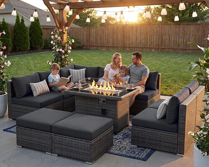 NICESOUL 10 Piece Contemporary Patio Furniture Set with Firepit Table Natural Gas/Propane, 29.3'' High Backrest Outdoor Sofa Conversations, 9 Seats Deep Wide Seating Wicker Sectionals, Dark Gray