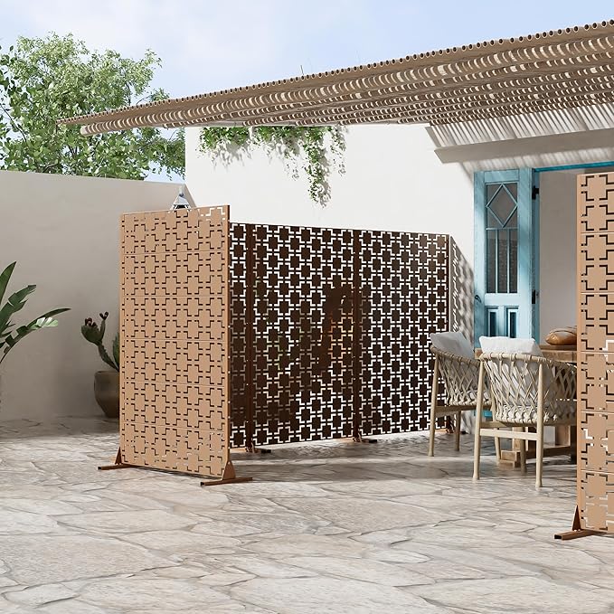 Casaphoria Metal Privacy Screen Outdoor, 72" H x 47" W Freestanding Decorative Privacy Screen for Patio Deck Balcony Garden with Stable Base, Brown-Square