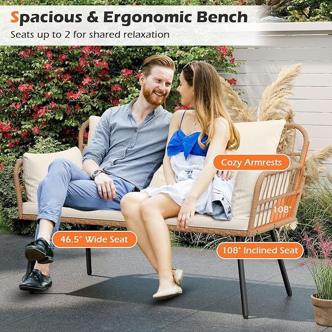Tangkula Patio Wicker Loveseat, Outdoor Rattan 2-Seat Cushioned Sofa with Heavy Duty Metal Frame, for Backyard,Porch,Poolside (Off White)