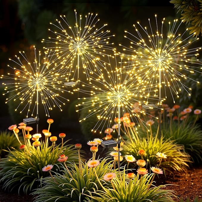 Solar Lights Outdoor, 120LED 4pack Fairy Garden Lights Decor for Outside Fireworks Lights Solar Powered for Yard, Patio, Pathway, Walkway, Balcony, Warm White