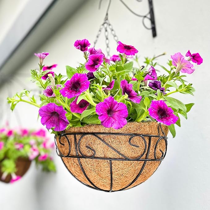 LaLaGreen Hanging Planter for Outdoor Plants (18 Inch, 2 Pack) Black Hanging Baskets with Coco Liner, Also Available in 8/12/14/16/18/20 Inch and Different Shapes Balcony Porch Farmhouse Country Decor
