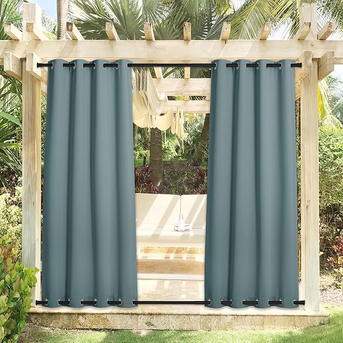 NICETOWN 2 Panels Greyish Blue Outdoor Curtains for Patio Waterproof, Sunlight Block Rustproof Grommet Top & Bottom Windbreak Thick Enough Keep Sun/Rain Out for Deck, W52 x L108, 2 Panels
