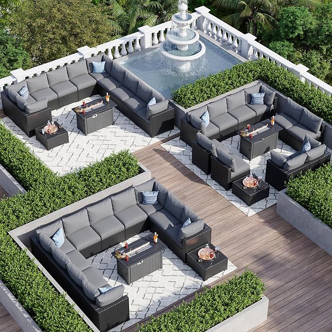 Aoxun 15 Piece Patio Furniture Set with 44” Fire Pit Table Wicker Rattan Patio Sectional Sofa Set Outdoor Seating Furniture with Thickened Cushion, Grey