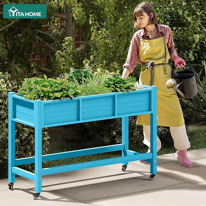 YITAHOME Raised Garden Bed HDPE, 47x18x31In Raised Flower Bed Poly-Wood Weather-Resistant Elevated Planter Box with Lockable Wheels for Vegetables, Aruba Blue