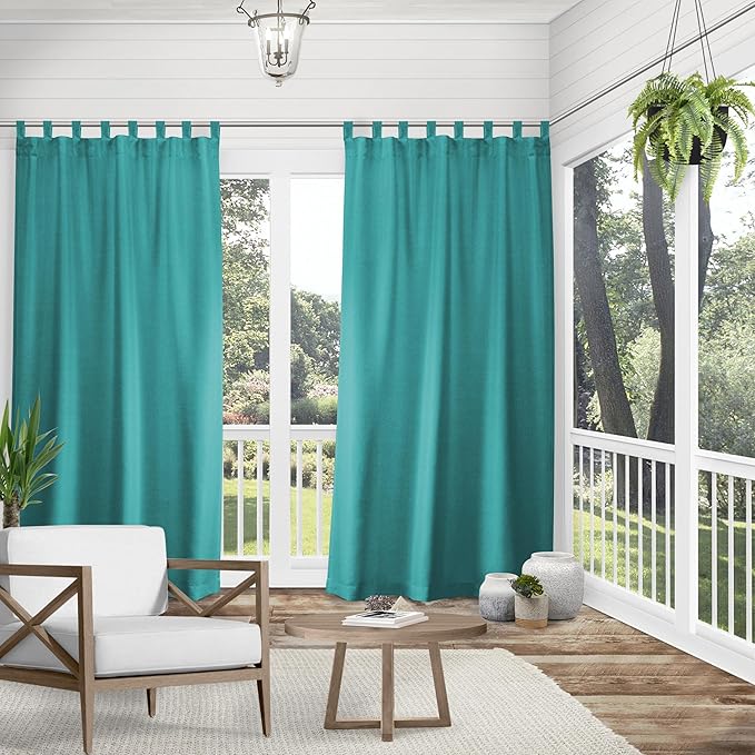 Exclusive Home Cabana Solid Indoor/Outdoor Light Filtering Hook-and-Loop Tab Top Curtain Panel Pair, Polyester, 96" L x 54" W, Teal