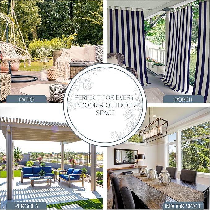 Elrene Home Fashions Highland Stripe Indoor/Outdoor Curtain Panel, 50 inches X 84 inches, Navy