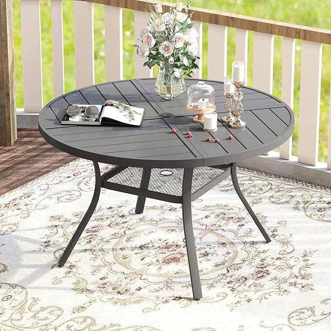 VICLLAX Round Patio Table with Adjustable Umbrella Hole for 4, All Weather Metal Outdoor Dining Table for Lawn Garden, 40.6" Outdoor Coffee Table, Grey Tabletop