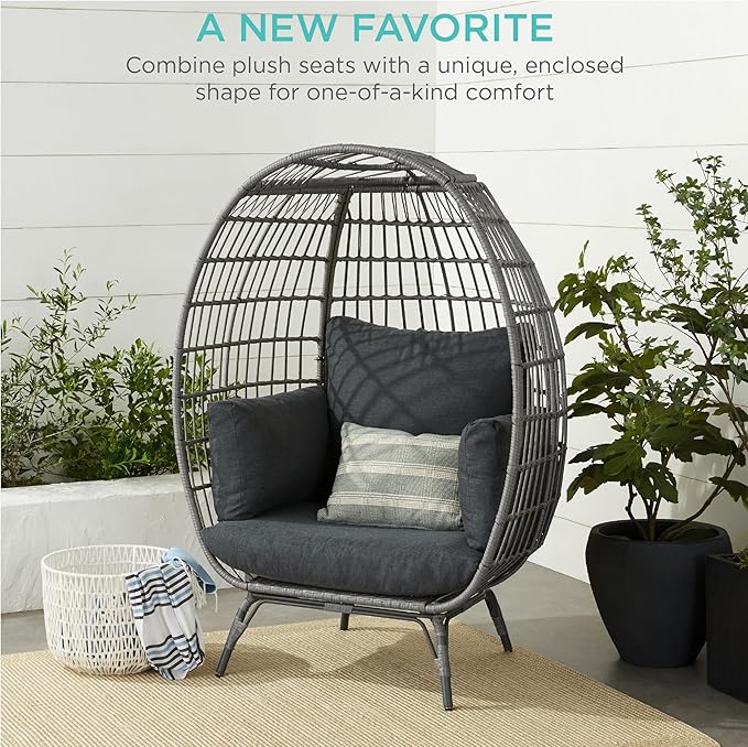 Best Choice Products Wicker Egg Chair, Oversized Indoor Outdoor Lounger for Patio, Backyard, Living Room w/ 4 Cushions, Steel Frame, 440lb Capacity - Gray/Charcoal