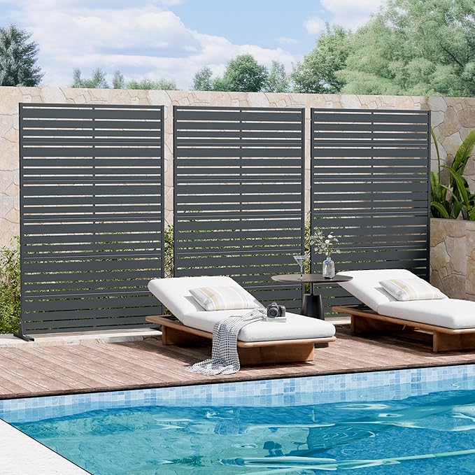 Casaphoria Metal Privacy Screen Outdoor, 72" H x 47" W Freestanding Decorative Privacy Screen for Patio Deck Balcony Garden with Stable Base, Grey-Benjamin