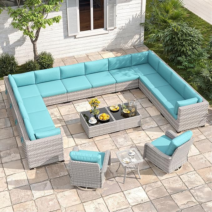 14-Seat Modern Patio Furniture Set with Swivel Rocking Chairs, Thick 4″ Cushions, Dual-Strand Wicker Rattan, Rust-Resistant Steel Frame – Outdoor Conversation & Modular Sectional,Blue