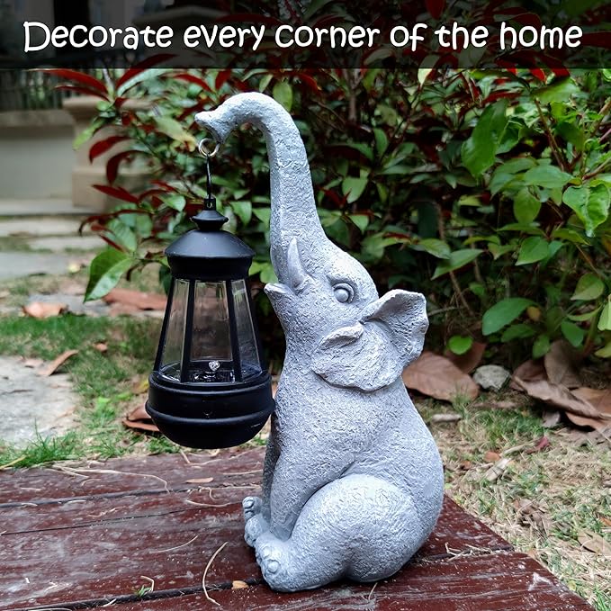 Elephant Solar Garden Statues,Resin Elephant Figurine Decorations with Solar Lights Lantern, Outdoor Figurines Lawn Garden Statue Decor Art for Lawn,Yard, Balcony Ornament.