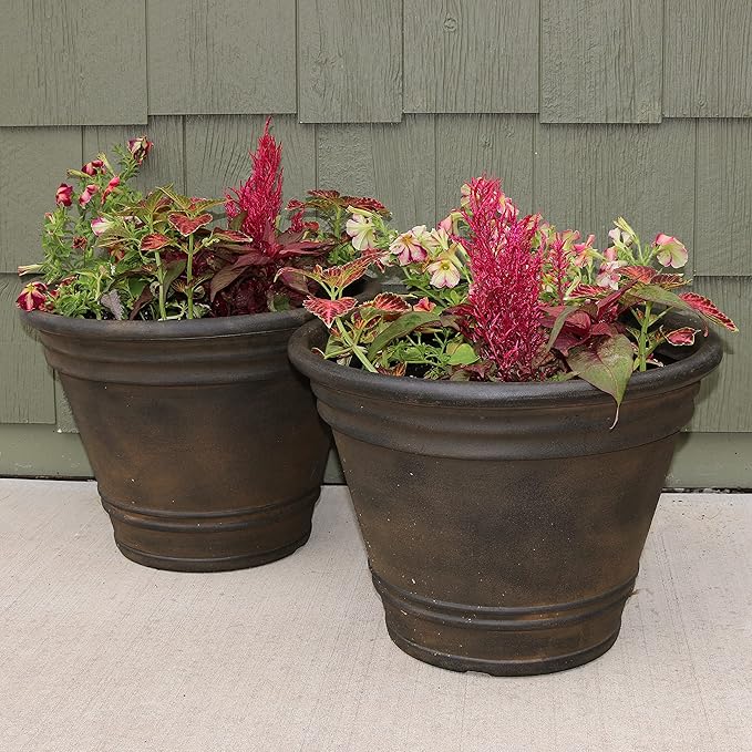 Sunnydaze 20-Inch Franklin Large Plant Pot - Polyresin Round Outdoor Planter with Drillable Drainage Hole - 4 Pack - Sable