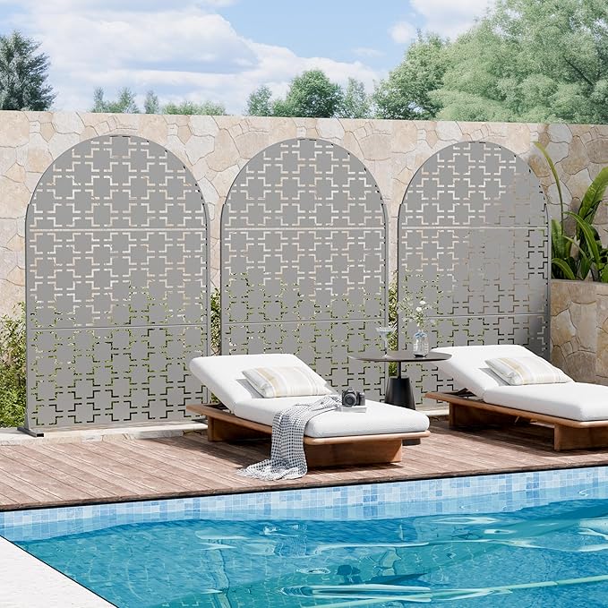 Casaphoria 72" H x 47" W Arched Metal Privacy Screen - Elegant Freestanding Outdoor Screen for Deck, Patio & Balcony - Versatile Decorative Privacy Panels for Home & Garden Use (Grey-Square)