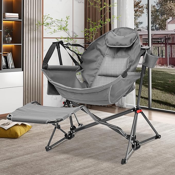 Ainfox Hammock Camping Chair with Footrest, Foldable Portable Rocking Chairs for Adults Outside Swinging Camp with Cup Holder Pillow for Outdoor Patio Poolside (Dark Grey)