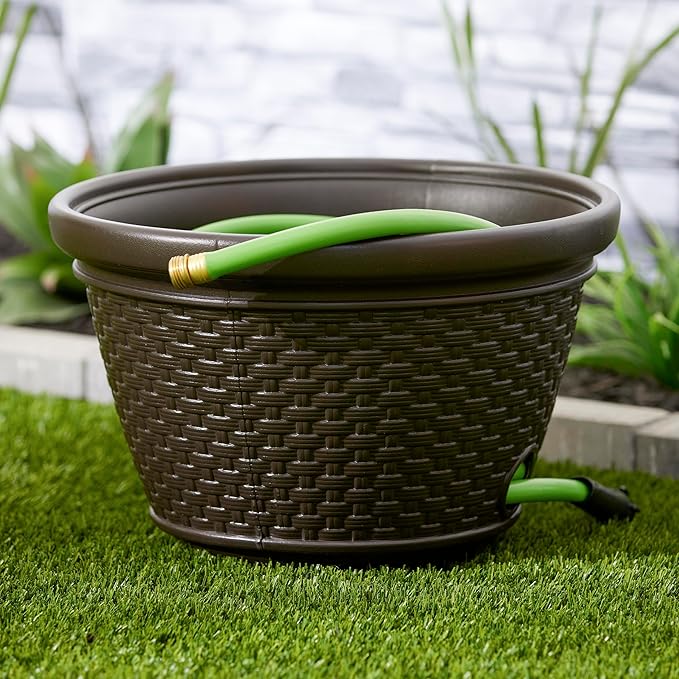 Suncast 3 Pack Decorative Wicker Garden Hose Holder Pot with 4 Drain Holes for 100 Foot Hoses, Java
