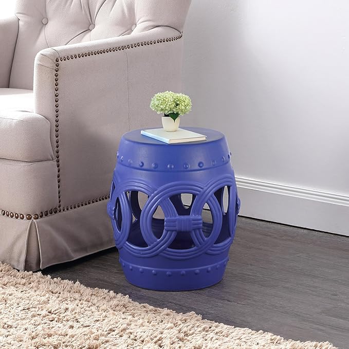 JONATHAN Y TBL1022D Lucky Coins 16" Chinese Ceramic Drum Indoor/Outdoor Garden Stool Bohemian, Coastal, Cottage, French Country, Traditional, for Living Room, Garden Room, Patio, Matte Blue