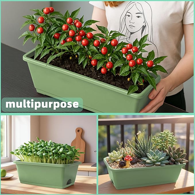 Window Box Planter, 12 Pack Plastic Vegetable Flower Planters Boxes 17 Inches Rectangular Flower Pots with Saucers for Indoor Outdoor Garden, Patio, Home Decor (Brick RED) (Aqua)
