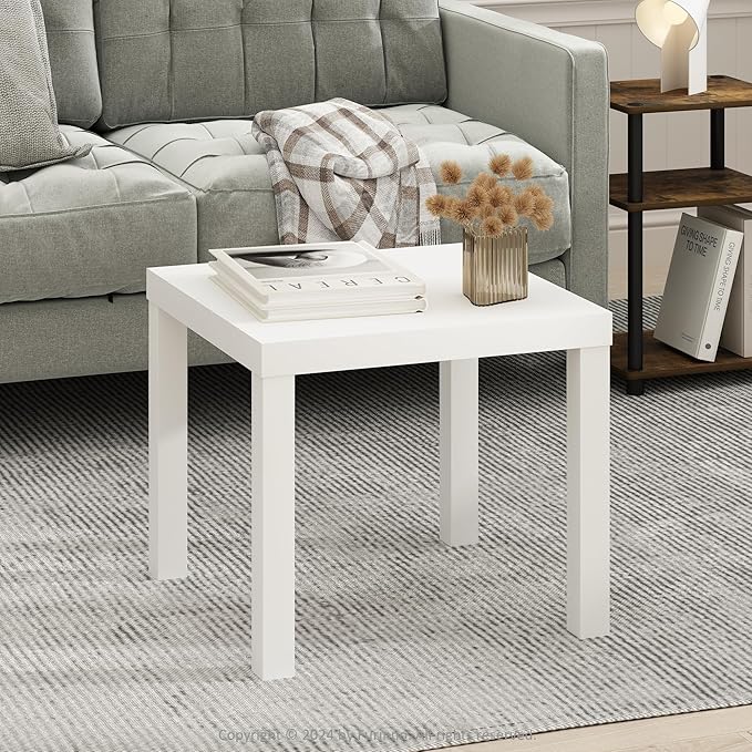 Furinno Classic Coffee Table, Square Modern Coffee Table with Triple Thick Tabletop, Simple Side Table with 4 Legs, for Living Room, Bedroom, Home Office, White