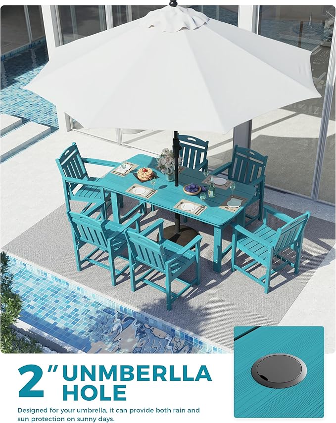 Ciokea HDPE Outdoor Dining Table with Umbrella Hole,66" Rectangle Patio Table for 6,All-Weather Outdoor Patio Furniture Set for Garden Backyard, Lake Blue