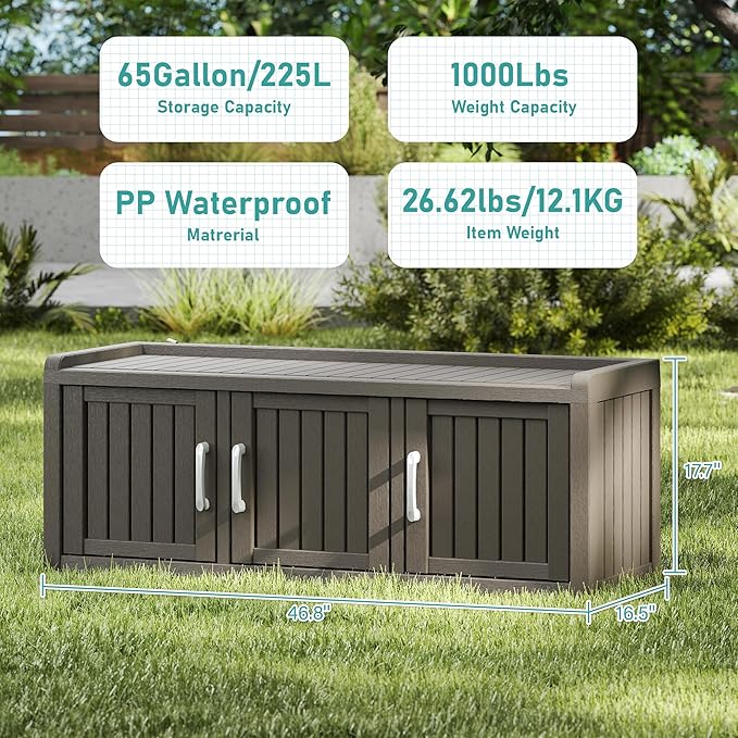 2-Tier Storage Bench, Waterproof UV-Resistant Outdoor Shoe Storage Cabinet with 3 Doors & Adjustable Shelves for Indoor Outdoor Entryway, Hallway, Living Room (Grey)
