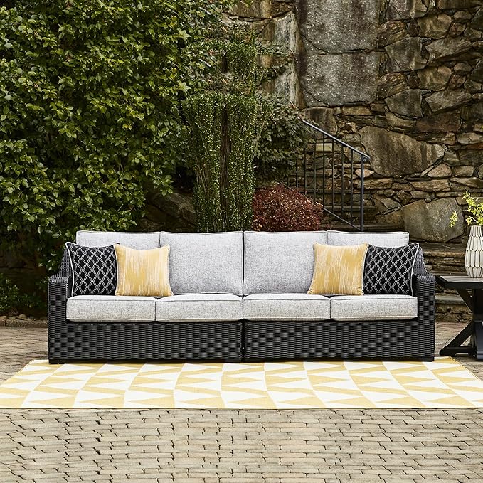 Signature Design by Ashley Beachcroft Casual Nuvella Weather Resistant Fabric 2-Piece Outdoor/Indoor Loveseat with Cushion and 4 Toss Pillows, Black & Light Gray