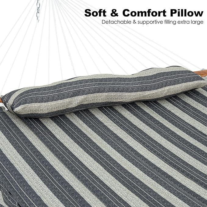 2 Person Hammocks for Outside, Double Quilted Fabric Outdoor Hammock with Spreader Bar, Large Removable Pillow, Storage Pockets, Carabiners, Max 475 lbs Capacity (Mountain Mist Gray)