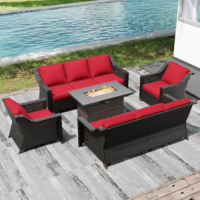 Joyside Wicker Patio Furniture Sets, 5 Pieces Upgraded Large Size Outdoor Furniture with Patio Dining Chair,Two 3-Seat Sofa, Fire Table,Thick Cushions, Wide Armrest, Red