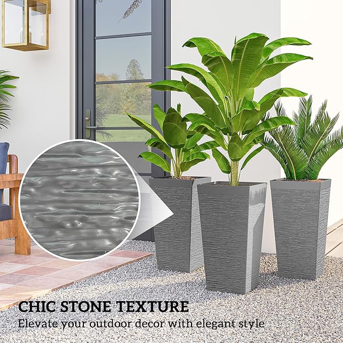 Outsunny 22.8 Inch Tall Planters for Outdoor Plants, Set of 3 Plastic Flower Pots with Stone Finish and Wheels, Stackable Tapered Planters with Drainage Hole for Indoor Plants, Front Porch, Gray