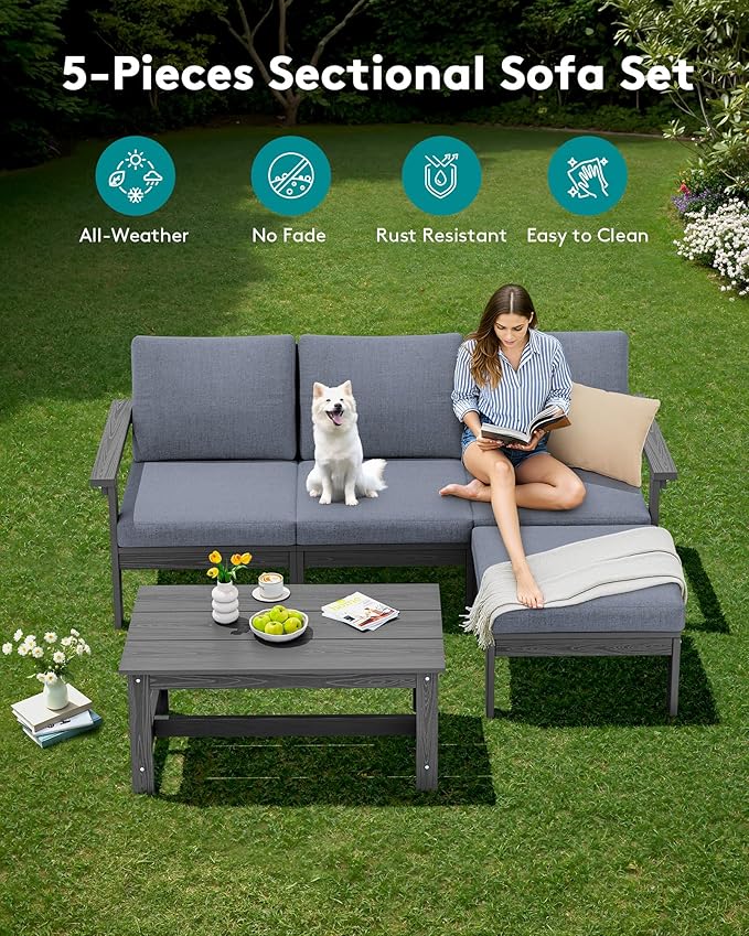 SERWALL Outdoor Sectional Sofa Set, 5-piece Outdoor Modula Couch Set with Ottoman, All Weather Patio Furniture Set with Chaise for Deck, Lawn, Gray Frame with Gray Cushion