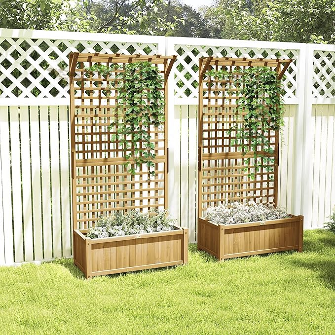 Outsunny Wood Planter with Trellis, Raised Garden Bed for Climbing Plants with Drainage Holes and Roof, 35.5 x 17.75 x 72 Inch, Pack of 2, Yellow